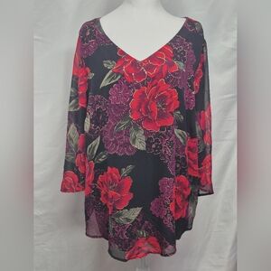 SARA MICHELLE Women’s Floral Blouse Red Purple Vibrant Print Top Plus 2X